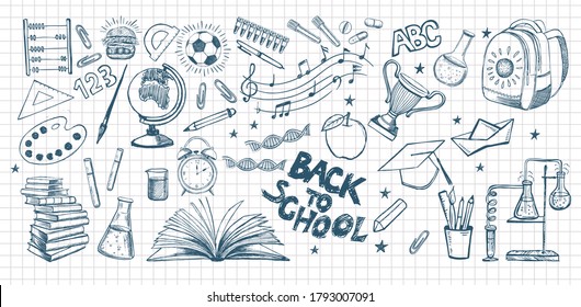 Back To School. Hand Drawn Doodle illustration. Vector Set.