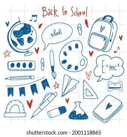 Back to school hand drawn doodle vector set. Funny illustration with school supplies and creative elements. Pen sketch background. School icons.