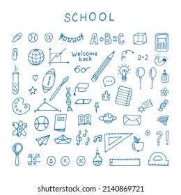 De vuelta a la escuela. Conjunto de doodles dibujados a mano de objetos escolares y símbolos. Elementos esquemáticos. Educación. Ilustración del vector