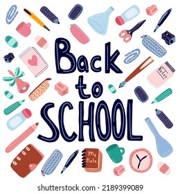 Back to school hand drawn doodle school elements set. School supplies vector print