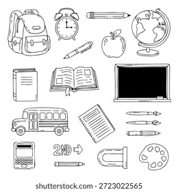 Back to school hand drawn doodle stationery and education icons