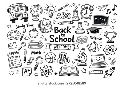 Back to school hand drawn doodle icon set with education and classroom elements on transparent background