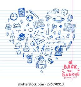 Back to school hand drawn doodle elements it the shape of a heart.