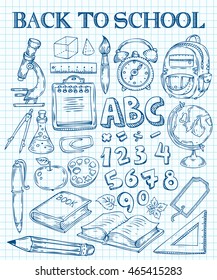 Back to School hand drawn doodle set. School stuff supplies for art, reading, writing, science, geography, biology, physics, mathematics, astronomy, chemistry. Vector isolated on white background