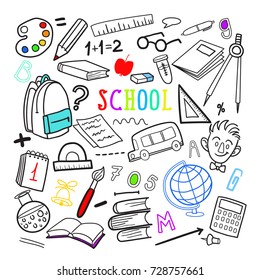 Back to School Hand Drawn Doodle. Education Elements Set. Vector illustration