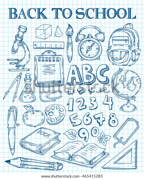 Back to School hand drawn doodle set. School\
stuff supplies for art, reading, writing, science, geography,\
biology, physics, mathematics, astronomy, chemistry. Vector\
isolated on white\
background