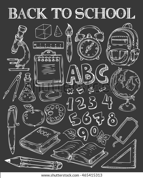 Back to School hand drawn doodle set. School\
stuff supplies for art, reading, writing, science, geography,\
biology, physics, mathematics, astronomy, chemistry. Vector\
isolated on black\
background