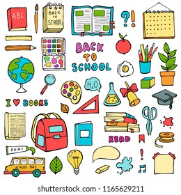 Back to school hand drawn doodles set with supplies Education sketchy icons on white background