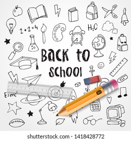 Back to School. Hand drawn doodles and realistic school supplies. Vector