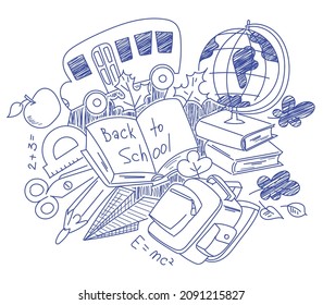 Back to school. Hand drawn doodles in a notebook with a pen. Isolated on white background