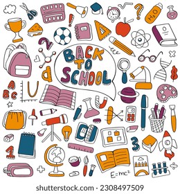 Dibujo vectorial de doodles dibujados a mano en la escuela. Dibujos coloridos artísticos escolares y educativos.