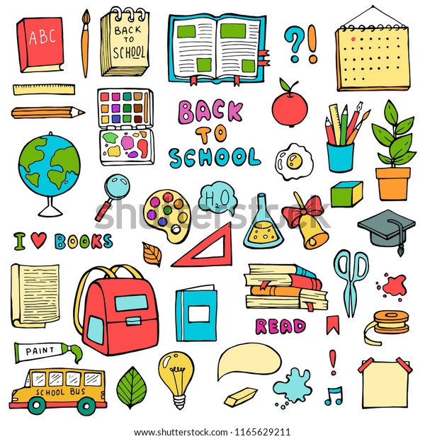 Back to school hand drawn\
doodles set with supplies Education sketchy icons on white\
background