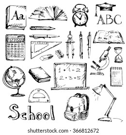 Back to school. Hand drawn education objects set. White background. Vector illustration.