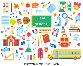 Back to school hand drawn elements, school supplies doodles. Books, notebooks, chalkboard. Children school education stickers vector set. Yellow bus for pupils, blackboard with text