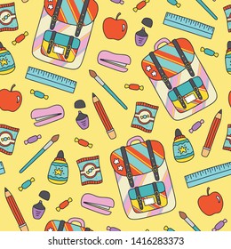 Back to school hand drawn flat vector set. Education icons, design elements in cartoon style. School supplies and tools on white background. Wrapping paper, print, greeting cards design. 