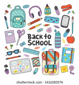Back to school hand drawn flat vector set. Education icons, design elements in cartoon style. School supplies and tools on white background. Wrapping paper, print, greeting cards design. 