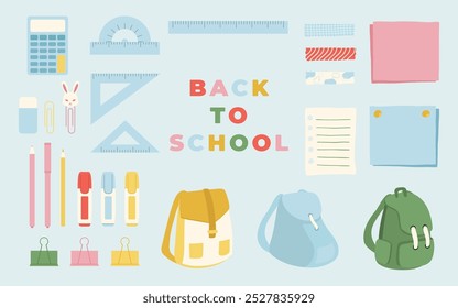 back to school hand drawn flat illustration elements in pastel set collection. Cute school supplies, stationery, ruler, calculator, note, tape, bags