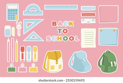 voltar para escola mão desenhada plana elementos ilustração na coleção conjunto pastel. Material escolar bonito, artigos de papelaria, régua, calculadora, nota, fita, bolsas