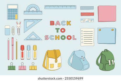 back to school hand drawn flat illustration elements in pastel set collection. Cute school supplies, stationery, ruler, calculator, note, tape, bags