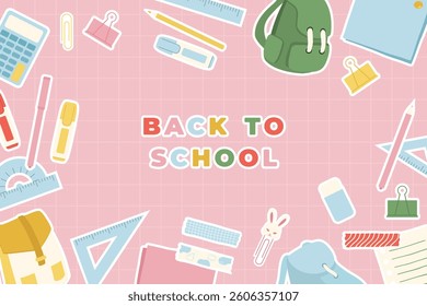 Back to school hand drawn flat illustration campaign banner in pastel. Stationery background, Cute school supplies