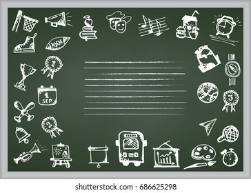 Back to school. Hand drawn school icons and symbols on chalkboard. With place for your text Vector illustration