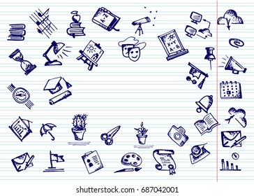 Back to school. Hand drawn school icons and symbols on notebook page. With place for your text Vector illustration