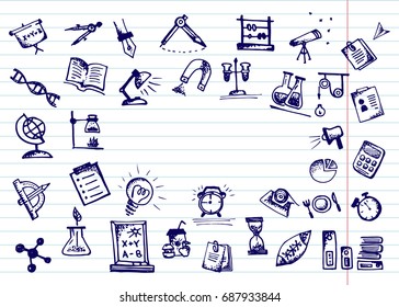 Back to school. Hand drawn school icons and symbols on notebook page. With place for your text Vector illustration