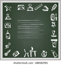 Back to school. Hand drawn school icons and symbols on chalkboard. With place for your text Vector illustration