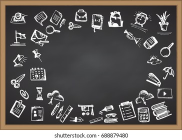 Back to school. Hand drawn school icons and symbols on chalkboard. With place for your text Vector illustration