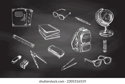 Back to School. Hand drawn Illustration isolated on chalkboard background. Vector set of school items. School illustration.	