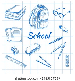 Back to School. Hand drawn Illustration. Vector set of school items. School  illustration.