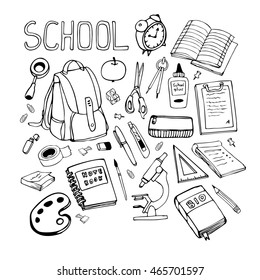 Back to school hand drawn illustration. Set of school supplies.