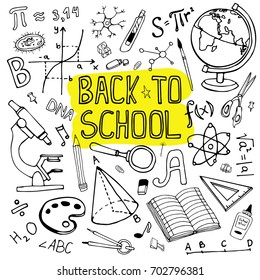 Back to school hand drawn illustration. Doodle set of school supplies and formulas.