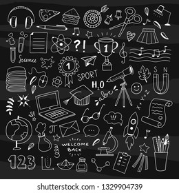 Back to school hand drawn  illustrations black background  Educational icons   cute school symbols for children   kids