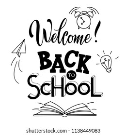 Back to school hand drawn lettering. Elements for greeting card, poster, banners. Notebook and sticker design