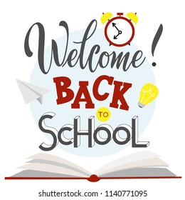 Back to school hand drawn lettering. Elements for greeting card, poster, banners. Notebook and sticker design