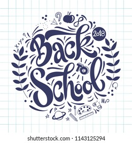 Back to school hand drawn lettering. Elements for greeting card, poster, banners. Notebook and sticker design