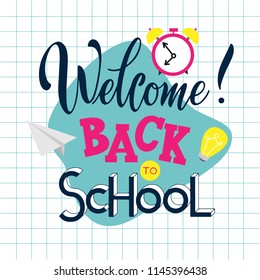 Back to school hand drawn lettering. Elements for greeting card, poster, banners. Notebook and sticker design
