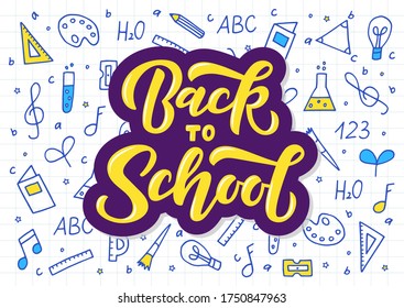 Zurück zur Schule handgezeichnete Schrift. Vorlage für Logo, Banner, Poster, Flyer, Grußkarte, Web-Design, Print-Design. Vektorgrafik.