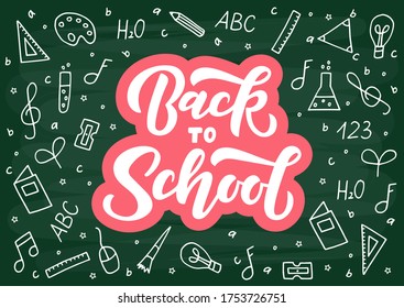 Back to school hand drawn lettering. Template for logo, banner, poster, flyer, greeting card, web design, print design. Vector illustration.