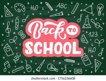 Back to school hand drawn lettering. Template for logo, banner, poster, flyer, greeting card, web design, print design. Vector illustration.