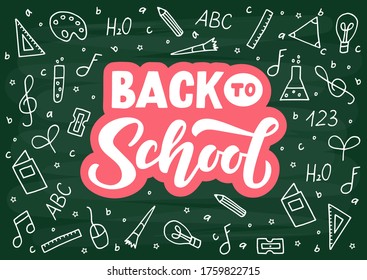 Volvemos a la escuela con letras dibujadas a mano. Plantilla para logotipo, banner, afiche, volante, tarjeta de saludo, diseño web, diseño de impresión. Ilustración vectorial.