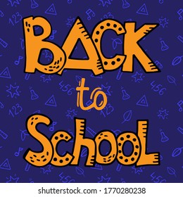 Back to school hand drawn lettering. Sign phrase. Vector doodle outline.  Stock illustration.	