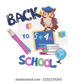 Back to school hand drawn lettering element with wise owl character. Poster or banner design for school topics, flat cartoon vector illustration isolated on white background.