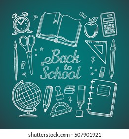 Back to school. Hand drawn lettering with the set of doodle icons of school supplies: schoolbook, notebook, stationary, pen, pencil, marker, globe, alarm clock, calculator. Vector illustration.