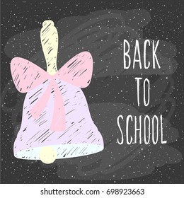 Back to school. Hand drawn lettering and doodle school bell on classroom chalkboard for design card, school poster, childish t shirt, autumn banner, scrapbook, album, school wallpaper etc
