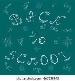 Back to School. Hand Drawn Letters, Mathematics Symbols and Maple Leaves.Chalk Scribbles on the Green Chalkboard. Vector illustration.