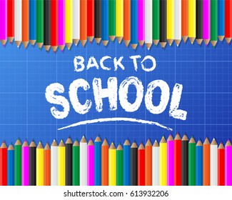 Back to school hand drawn on blueprint background with colored pencils