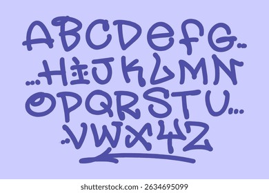 Back to school hand drawn purple alphabet with grunge calligraphy and artistic school-themed letters in a creative typography design