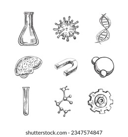 Back to School, hand drawn school and scientific sketch set. Doodle science collection. Education Concept. Vintage sketch element. Vector illustration. Back to School.